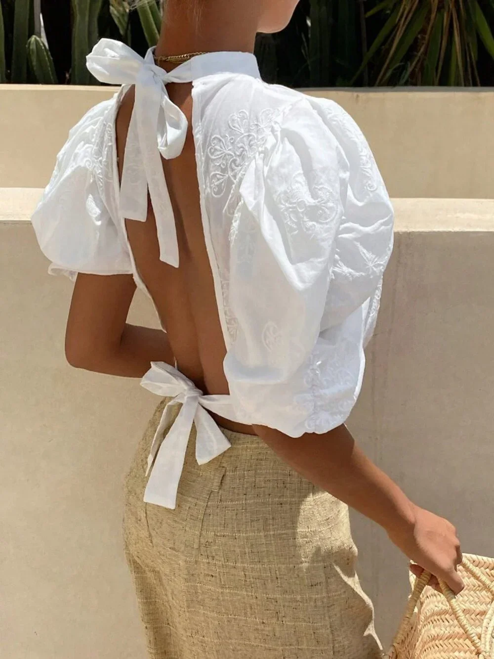 White Casual Women's Cotton Backless tie-Up Petal Sleeve High Neck Blouse - Picture 1 of 8